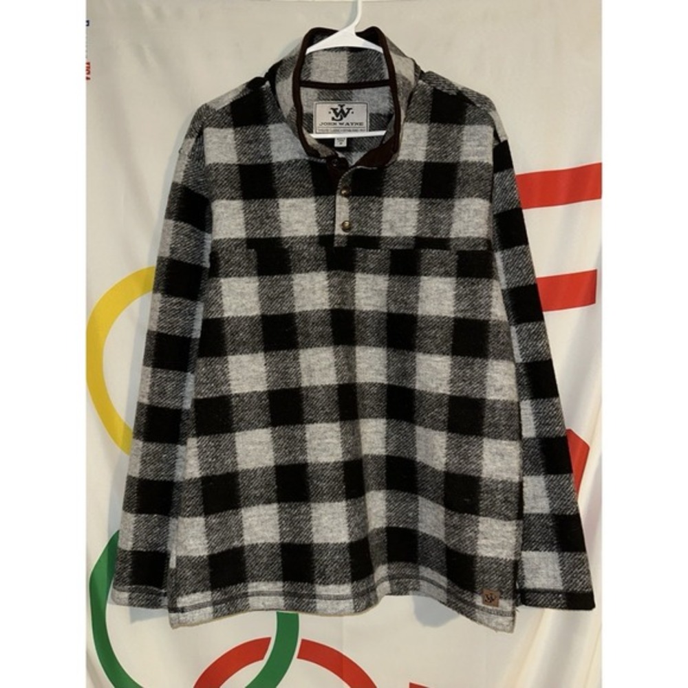 John Wayne Snap T Fleece Sweatshirt‎ Medium Pullover Buffalo Plaid White Black